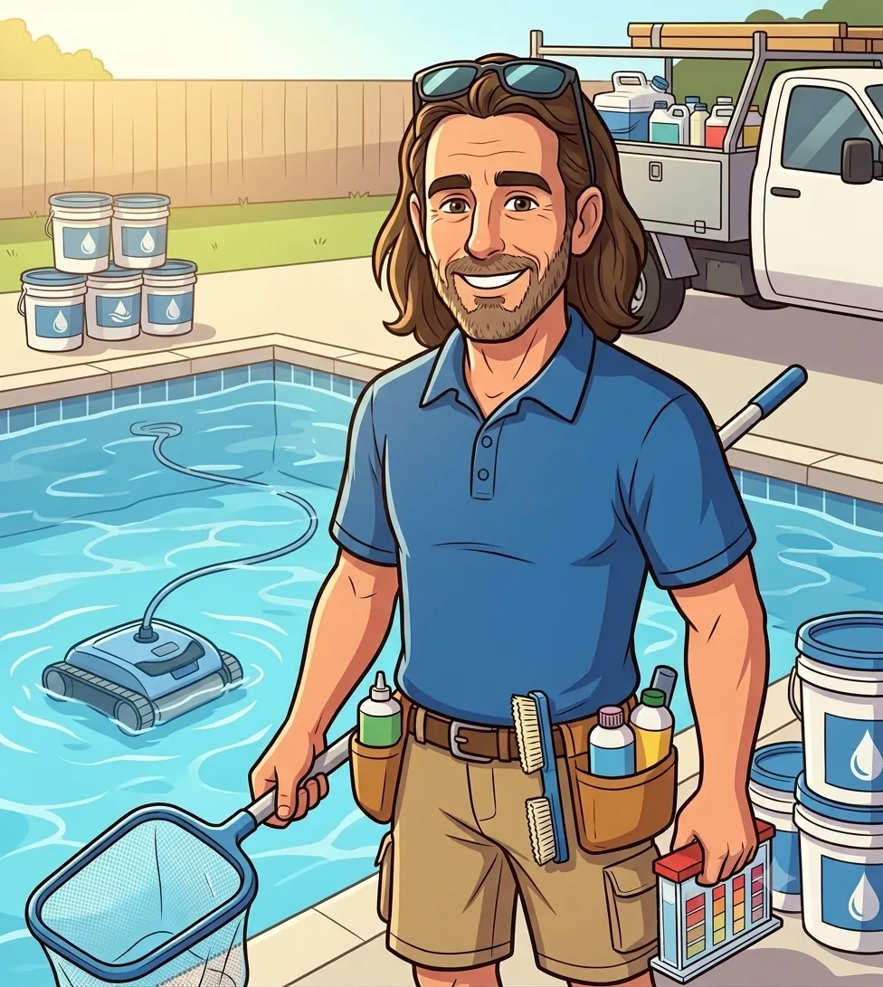 Illustrated portrait of me, DC, poolside with my service truck and supplies